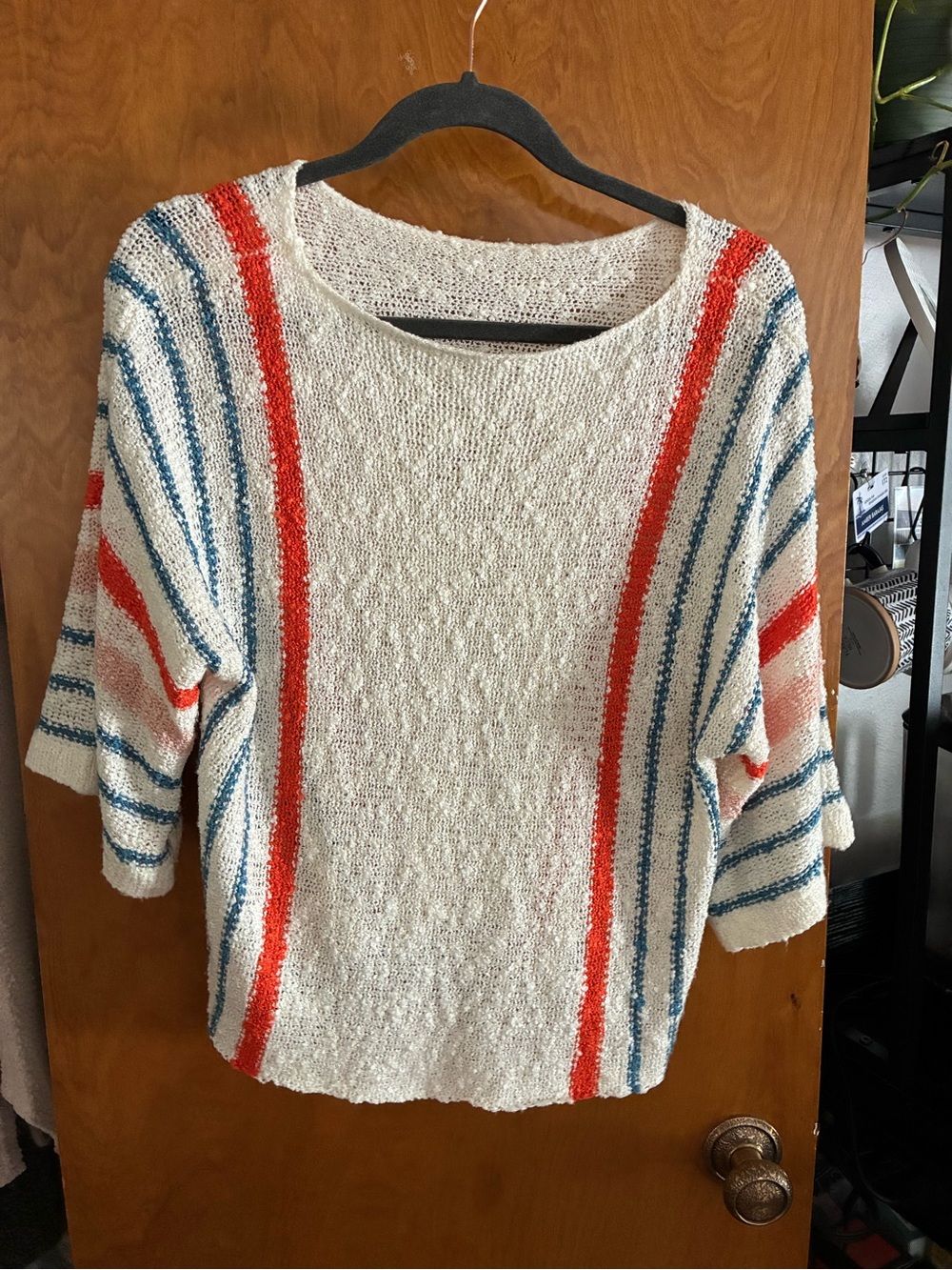 Cream Knit Sweater with Blue and Orange Stripes